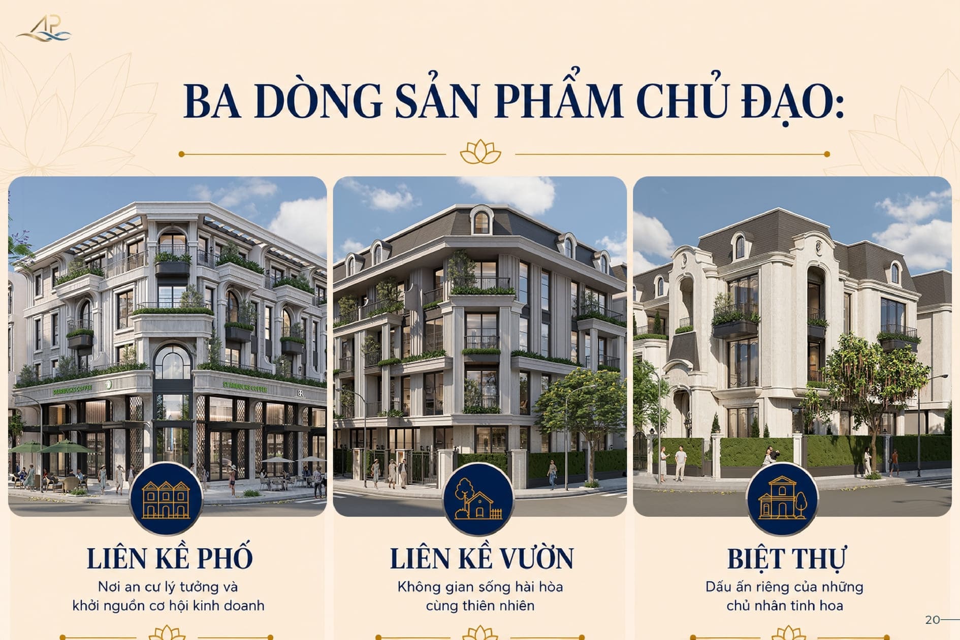 Ba dòng sản phẩm chính tại dự án bao gồm nhà phố biệt thự và liên kế vườn